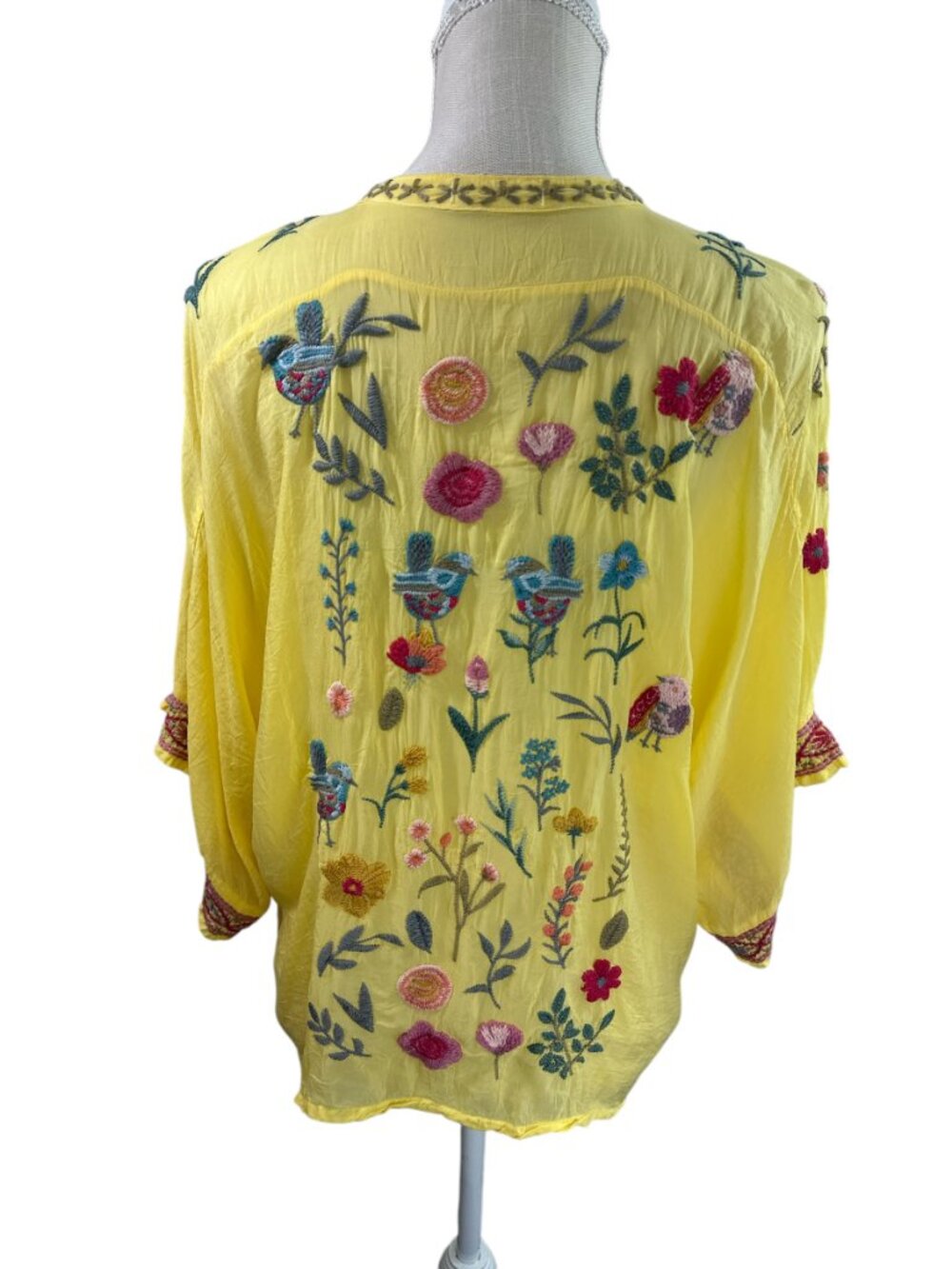 Johnny Was Embroidered Blouse Top Roylane Floral Birds Yellow Sz S - Picture 11 of 16